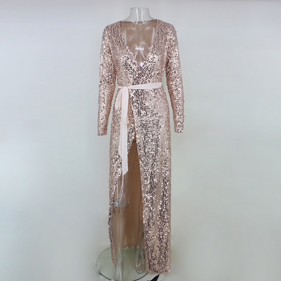 Pink Plunging V-Neck Sequin Wrap Belted Maxi Dress - Picture 8 of 13